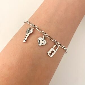 925 Sterling Silver Lock Key Bracelet Heart Charm Bracelet Chain Link Bracelet